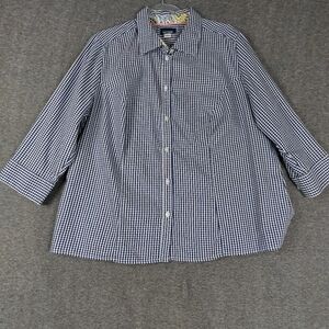 BASIC EDITIONS WOMENS BLUE WHITE PINK GINGHAM POLKADOT 3/4 SLEEVE BUTTON UP 1X